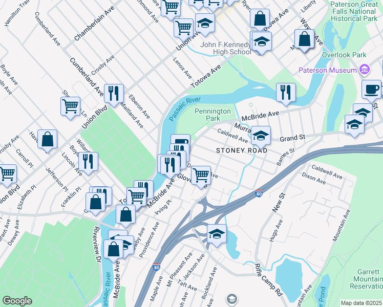 map of restaurants, bars, coffee shops, grocery stores, and more near 45 Danforth Avenue in Paterson