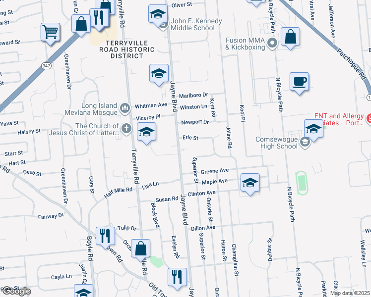 map of restaurants, bars, coffee shops, grocery stores, and more near in Port Jefferson Station