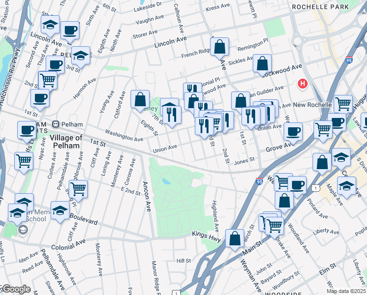 map of restaurants, bars, coffee shops, grocery stores, and more near 8 5th Street in New Rochelle