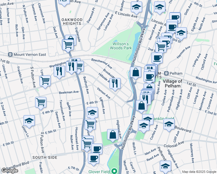 map of restaurants, bars, coffee shops, grocery stores, and more near 77 Vernon Avenue in Mount Vernon