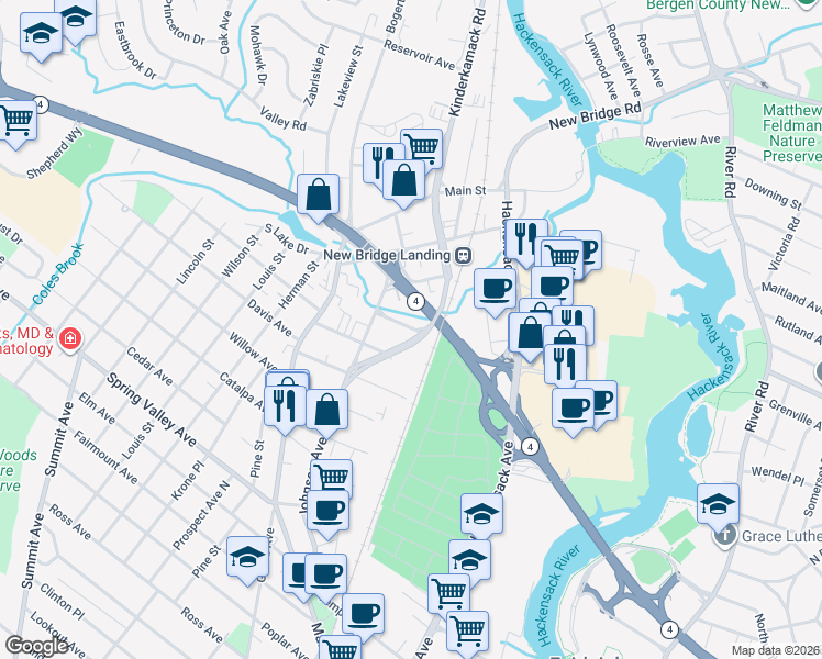 map of restaurants, bars, coffee shops, grocery stores, and more near 243 Kinderkamack Road in Hackensack
