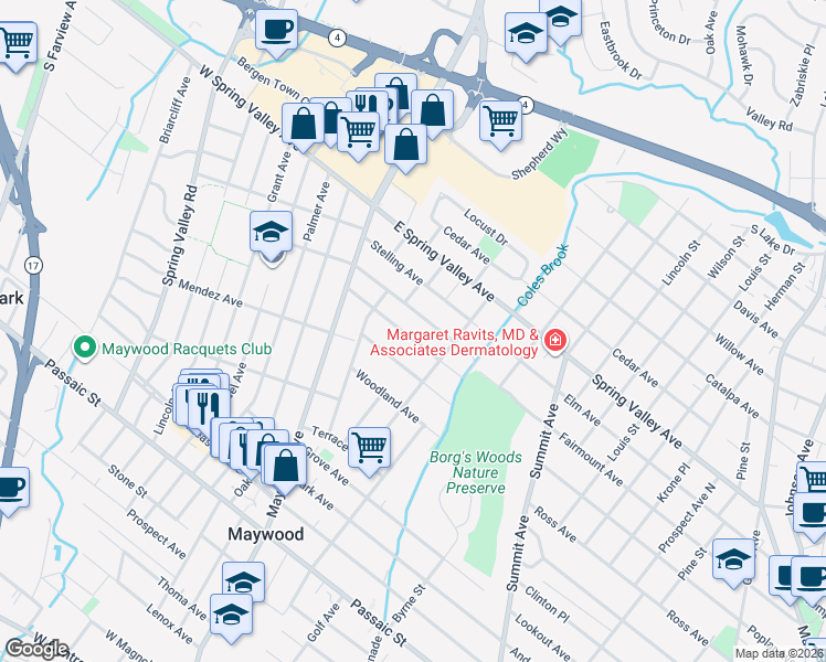 map of restaurants, bars, coffee shops, grocery stores, and more near 65 Lafayette Avenue in Maywood