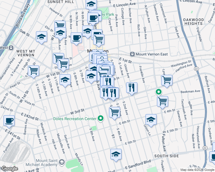 map of restaurants, bars, coffee shops, grocery stores, and more near 130 South 4th Avenue in Mount Vernon