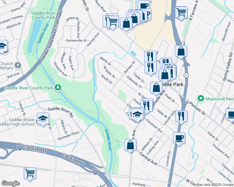 map of restaurants, bars, coffee shops, grocery stores, and more near 95 Chestnut Street in Rochelle Park