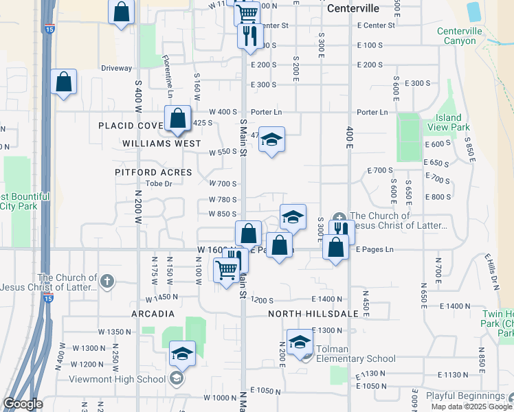 map of restaurants, bars, coffee shops, grocery stores, and more near 63 East 820 South in Centerville