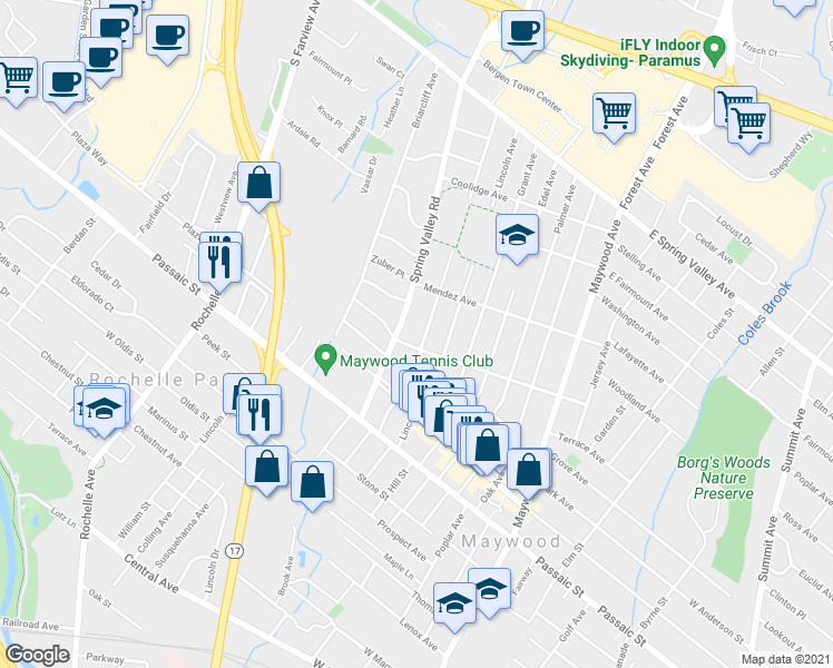 map of restaurants, bars, coffee shops, grocery stores, and more near 601 Wyoming Avenue in Maywood
