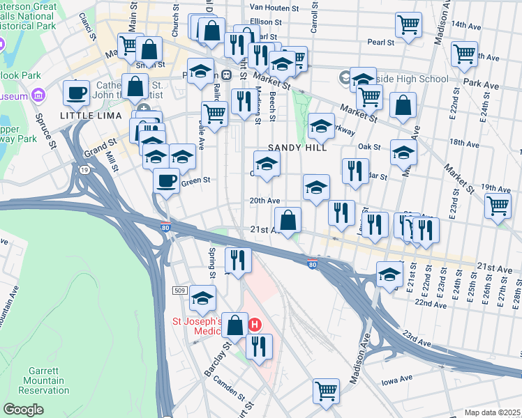 map of restaurants, bars, coffee shops, grocery stores, and more near 179 Madison Street in Paterson