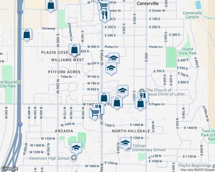 map of restaurants, bars, coffee shops, grocery stores, and more near 63 East 820 South in Centerville