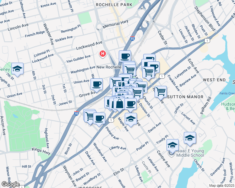 map of restaurants, bars, coffee shops, grocery stores, and more near 347 U.S. 1 in New Rochelle