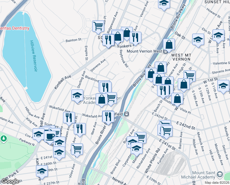map of restaurants, bars, coffee shops, grocery stores, and more near 104 Glen Road in Yonkers