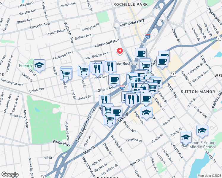 map of restaurants, bars, coffee shops, grocery stores, and more near 11 Crescent Avenue in New Rochelle