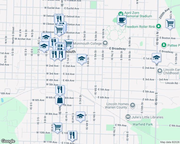 map of restaurants, bars, coffee shops, grocery stores, and more near 401-499 South 4th Street in Monmouth