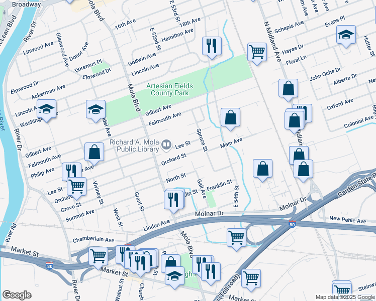 map of restaurants, bars, coffee shops, grocery stores, and more near 105 Gall Court in Elmwood Park