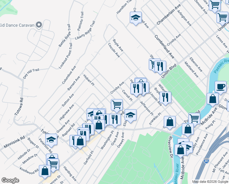 map of restaurants, bars, coffee shops, grocery stores, and more near 123 Gordon Avenue in Totowa