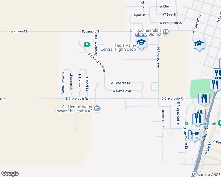 map of restaurants, bars, coffee shops, grocery stores, and more near 1717 West Cloverdale Road in Chillicothe