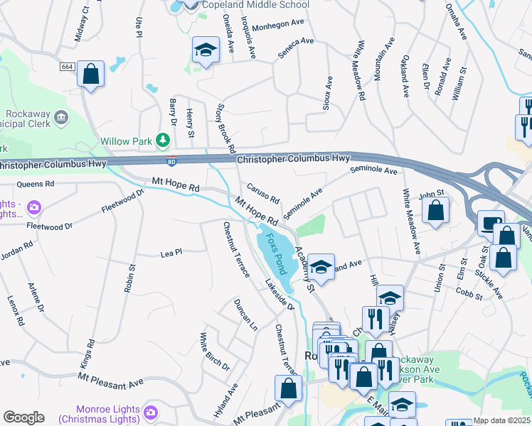 map of restaurants, bars, coffee shops, grocery stores, and more near 194 Lakeside Drive in Rockaway