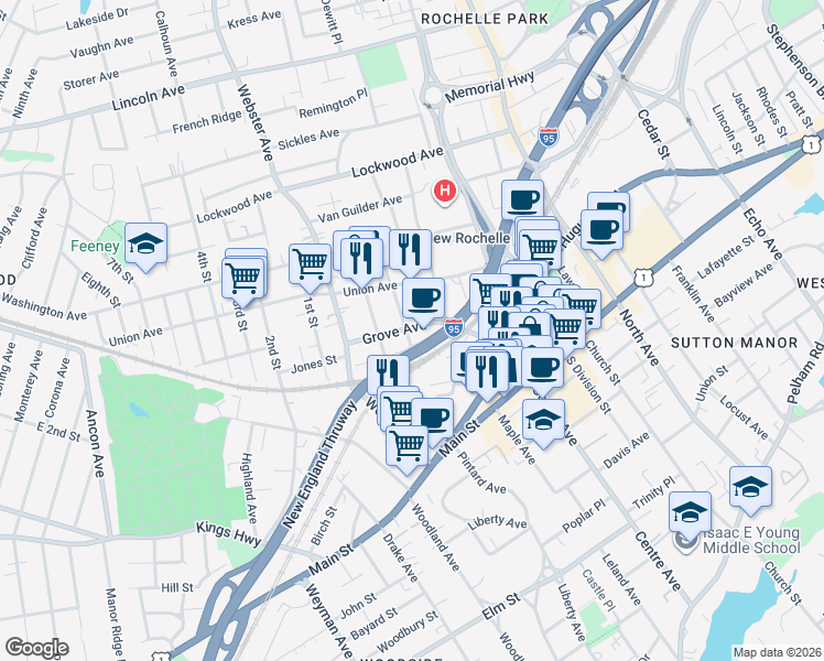 map of restaurants, bars, coffee shops, grocery stores, and more near 11 Crescent Avenue in New Rochelle