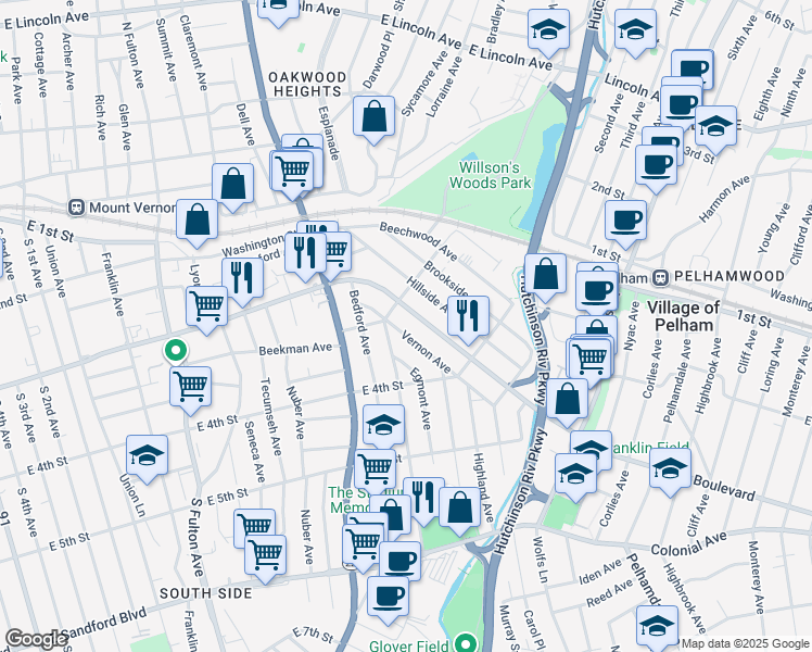 map of restaurants, bars, coffee shops, grocery stores, and more near 265 Garden Avenue in Mount Vernon