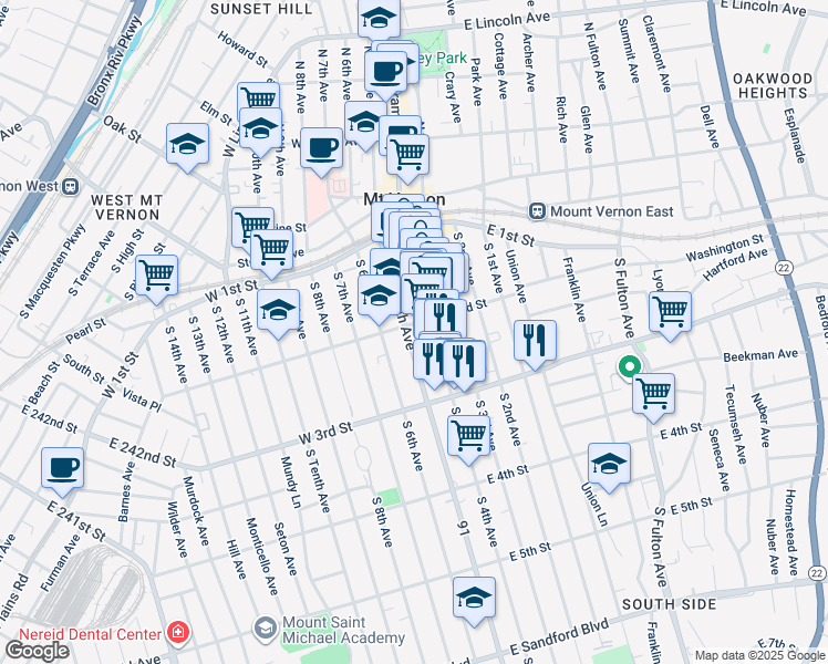 map of restaurants, bars, coffee shops, grocery stores, and more near 130 South 4th Avenue in Mount Vernon
