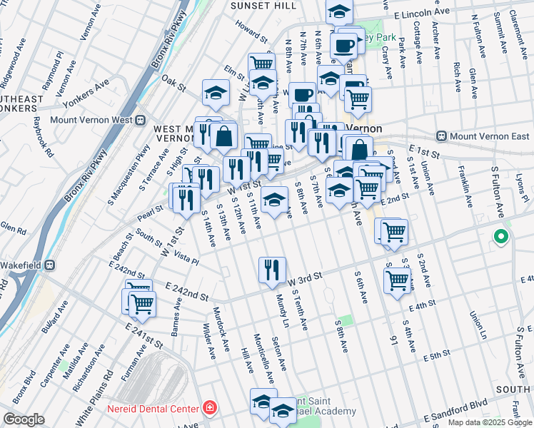 map of restaurants, bars, coffee shops, grocery stores, and more near 58 South 10th Avenue in Mount Vernon