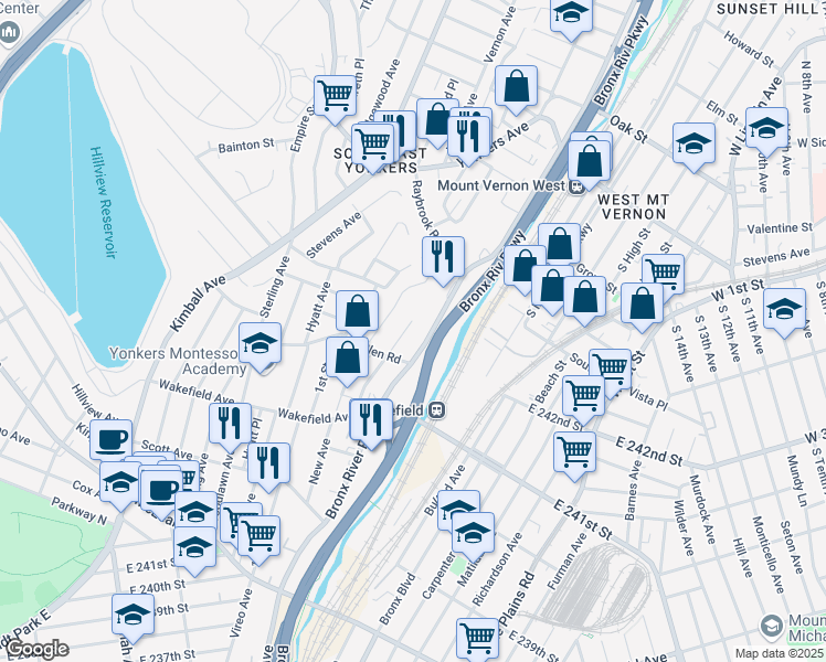 map of restaurants, bars, coffee shops, grocery stores, and more near 104 Glen Road in Yonkers