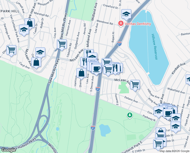 map of restaurants, bars, coffee shops, grocery stores, and more near 641 McLean Avenue in Yonkers