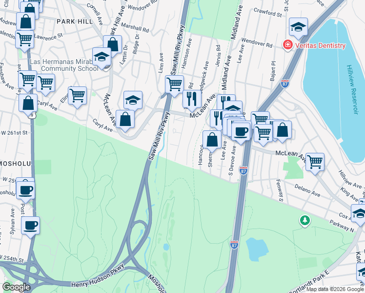 map of restaurants, bars, coffee shops, grocery stores, and more near 4 Tibbetts Road in Yonkers