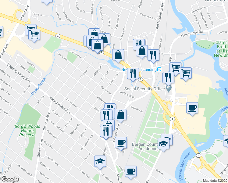 map of restaurants, bars, coffee shops, grocery stores, and more near 10 Zabriskie Street in Hackensack