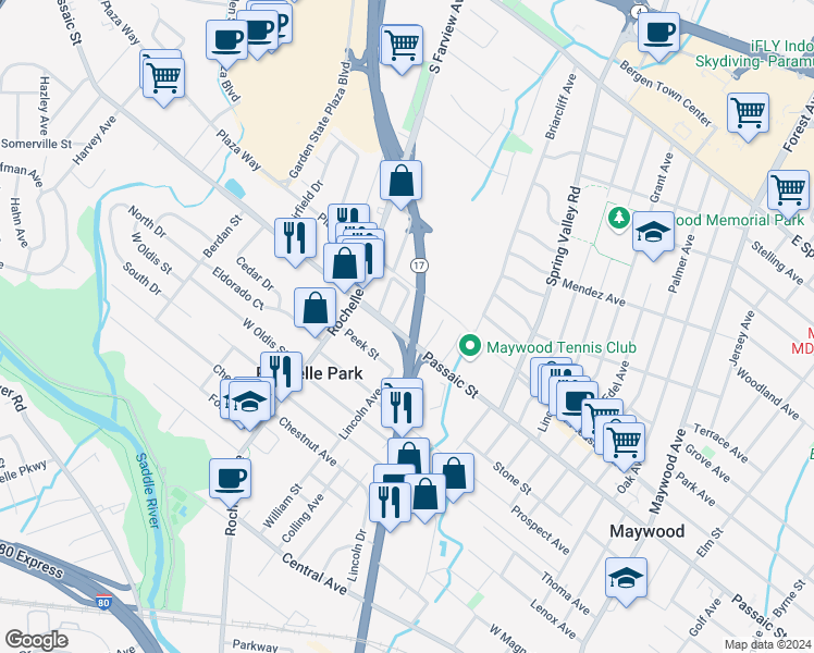 map of restaurants, bars, coffee shops, grocery stores, and more near 56 Peek Street in Rochelle Park