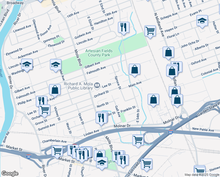 map of restaurants, bars, coffee shops, grocery stores, and more near 105 Gall Court in Elmwood Park