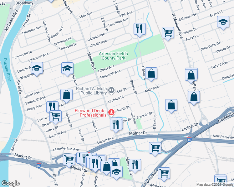 map of restaurants, bars, coffee shops, grocery stores, and more near in Elmwood Park