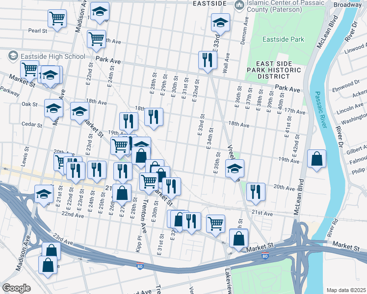 map of restaurants, bars, coffee shops, grocery stores, and more near 498 East 32nd Street in Paterson