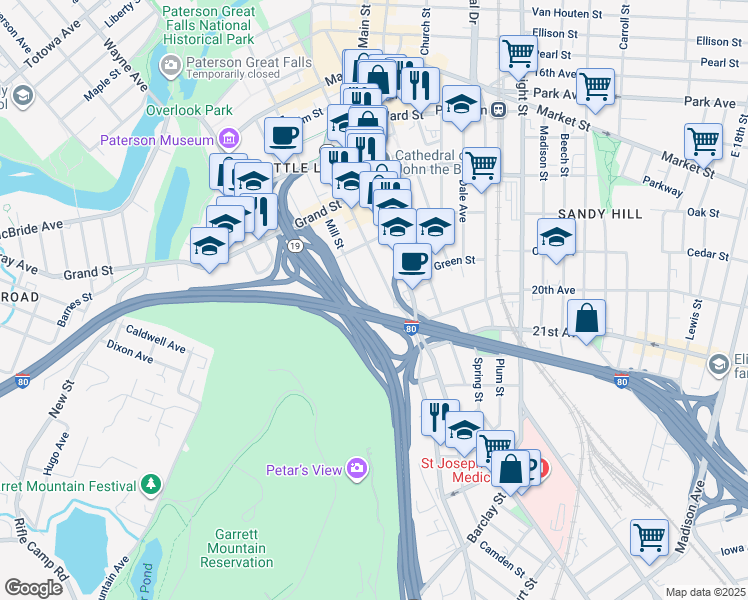 map of restaurants, bars, coffee shops, grocery stores, and more near in Paterson