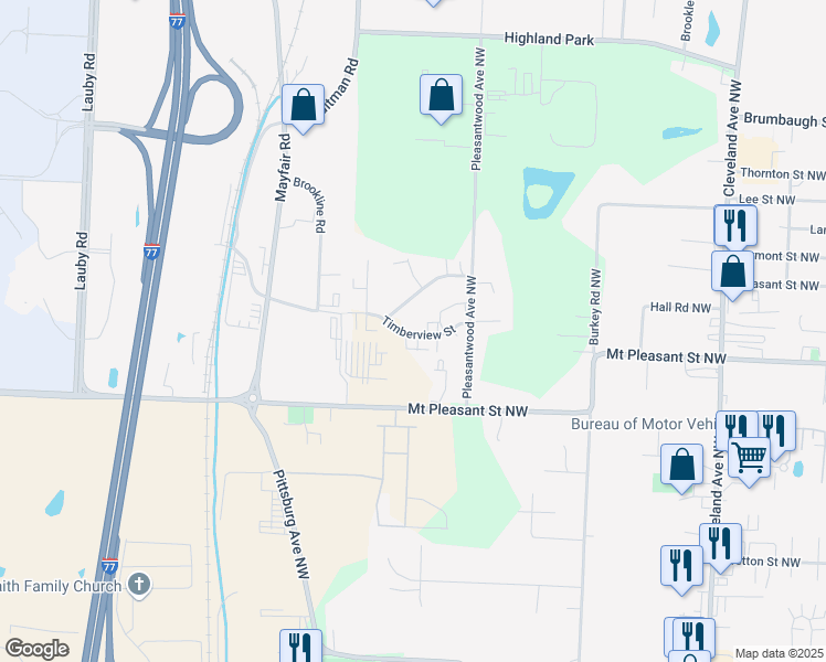 map of restaurants, bars, coffee shops, grocery stores, and more near 3844 Timberview St. in North Canton