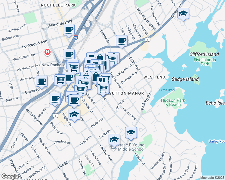 map of restaurants, bars, coffee shops, grocery stores, and more near 54 Locust Avenue in New Rochelle