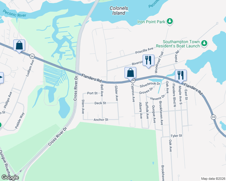 map of restaurants, bars, coffee shops, grocery stores, and more near 47 Glider Avenue in Riverhead