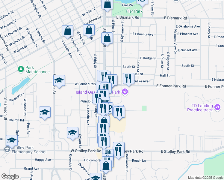 map of restaurants, bars, coffee shops, grocery stores, and more near 1311 South Locust Street in Grand Island