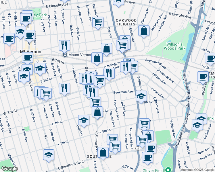 map of restaurants, bars, coffee shops, grocery stores, and more near 31 Beekman Avenue in Mount Vernon