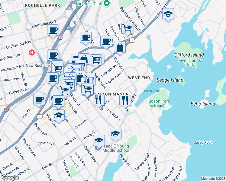 map of restaurants, bars, coffee shops, grocery stores, and more near in New Rochelle