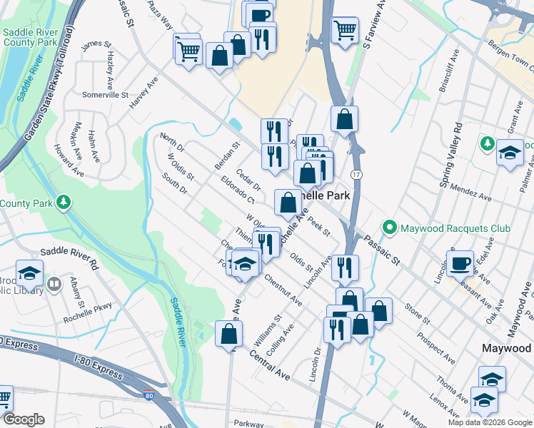 map of restaurants, bars, coffee shops, grocery stores, and more near 24 West Oldis Street in Rochelle Park