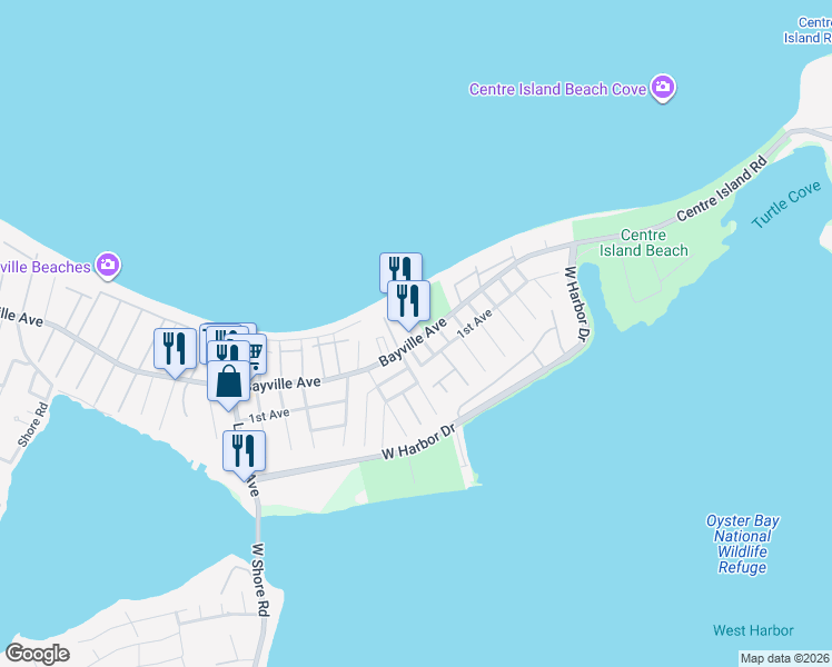 map of restaurants, bars, coffee shops, grocery stores, and more near 355 Bayville Avenue in Bayville