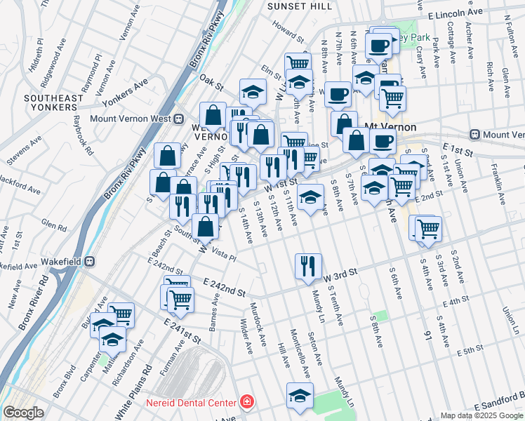 map of restaurants, bars, coffee shops, grocery stores, and more near 19 South 13th Avenue in Mount Vernon