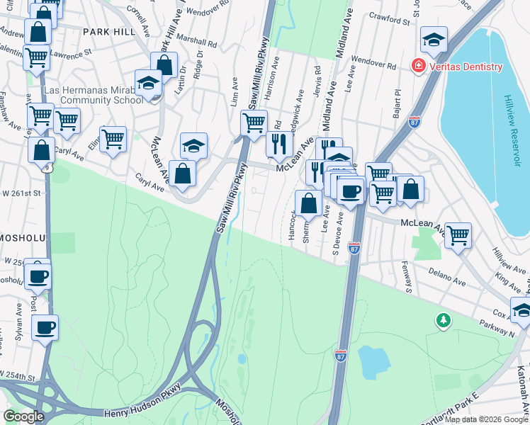 map of restaurants, bars, coffee shops, grocery stores, and more near 9 Valley Close in Yonkers