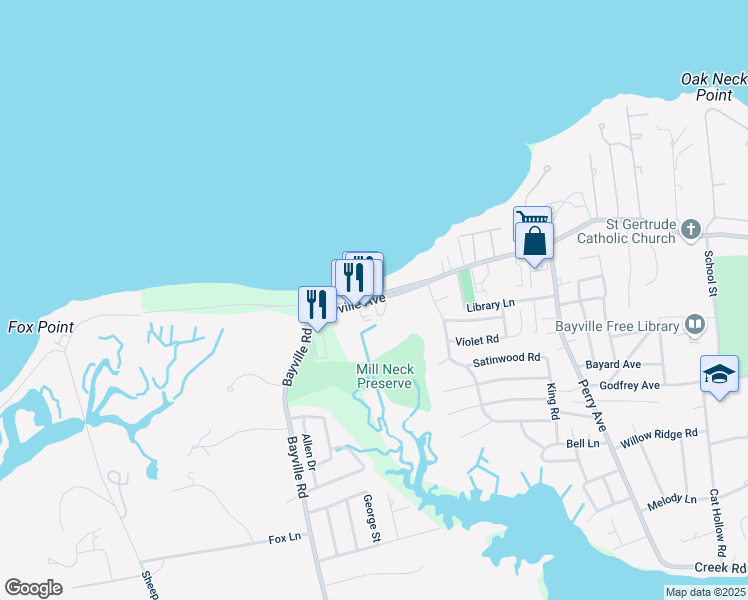 map of restaurants, bars, coffee shops, grocery stores, and more near 18 Wilson Avenue in Bayville