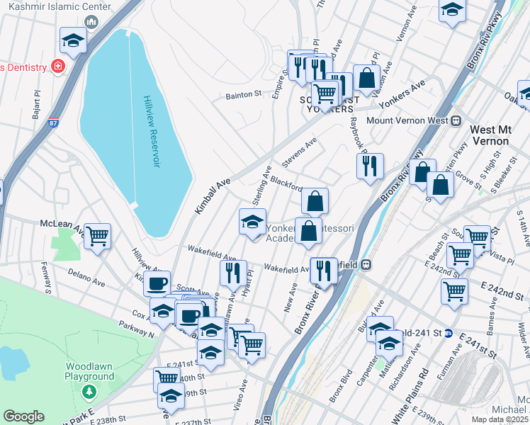 map of restaurants, bars, coffee shops, grocery stores, and more near 9 Woodbine Street in Yonkers