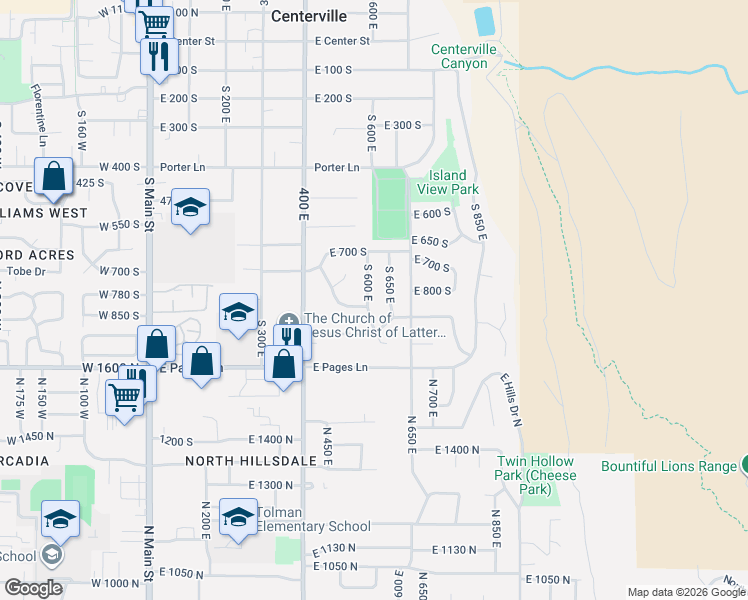 map of restaurants, bars, coffee shops, grocery stores, and more near 835 South 600 East in Centerville