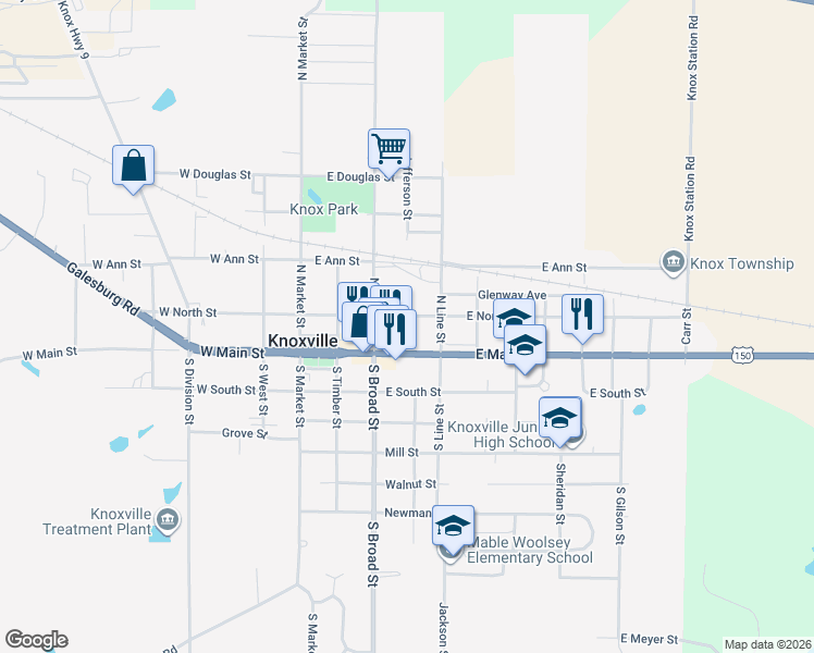 map of restaurants, bars, coffee shops, grocery stores, and more near 300-398 East North Street in Knoxville