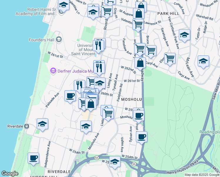 map of restaurants, bars, coffee shops, grocery stores, and more near in Bronx