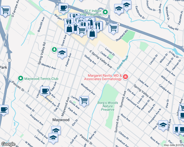 map of restaurants, bars, coffee shops, grocery stores, and more near 73 Washington Avenue in Maywood