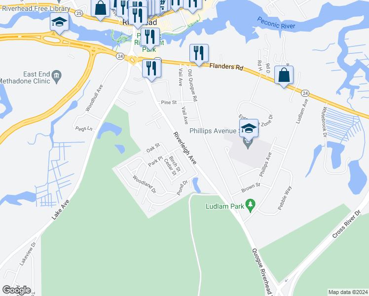 map of restaurants, bars, coffee shops, grocery stores, and more near 500 Riverleigh Avenue in Riverhead